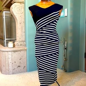 “Column” striped stretch jersey Bailey 44 navy/cream bodycon slenderizing dress